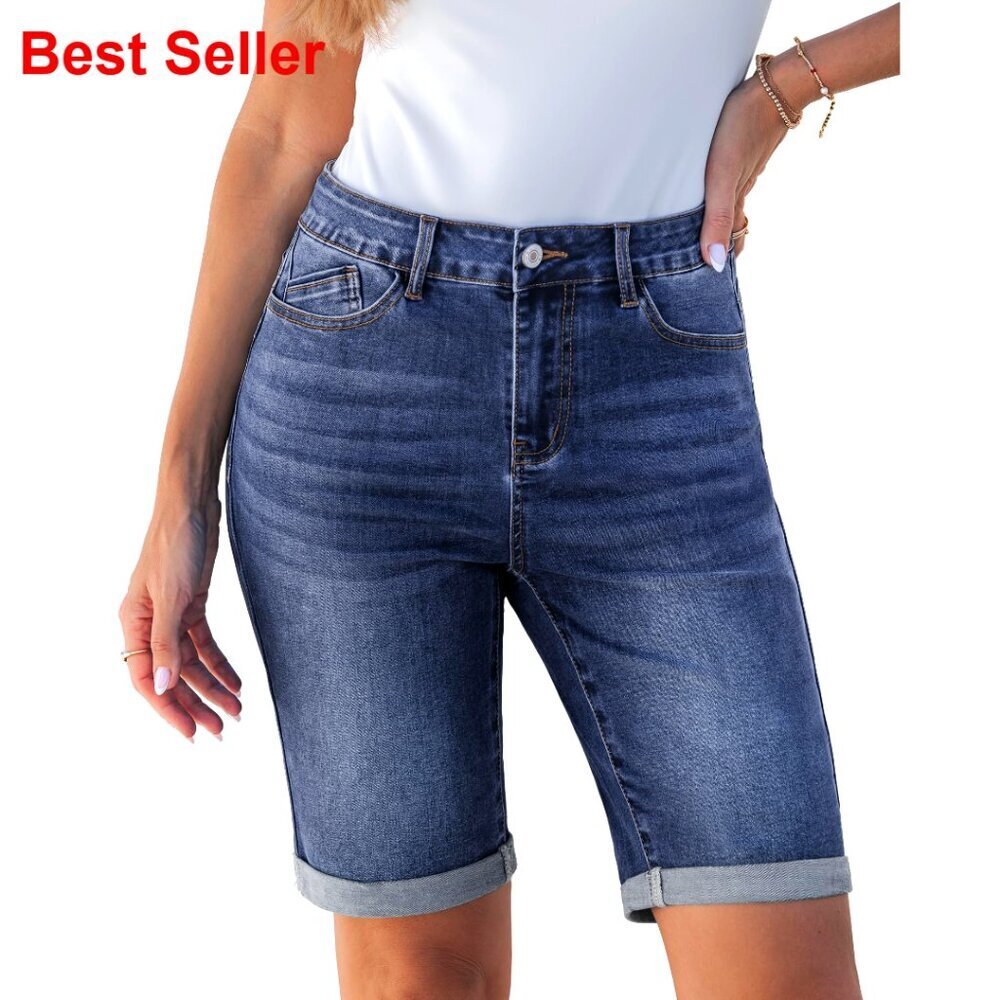 Stretchy Denim Bermuda Shorts High Waisted Cuffed Hem Knee Length